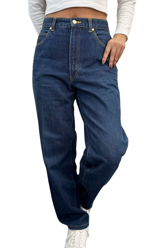 Yves Saint Laurent Vintage YSL Logo Denim Cropped Pants #40 Blue Gold Cotton
