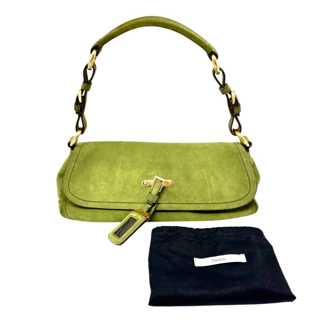 PRADA Vintage Logo Shoulder Bag Tote Handbag Suede Green Gold Luggage Tag