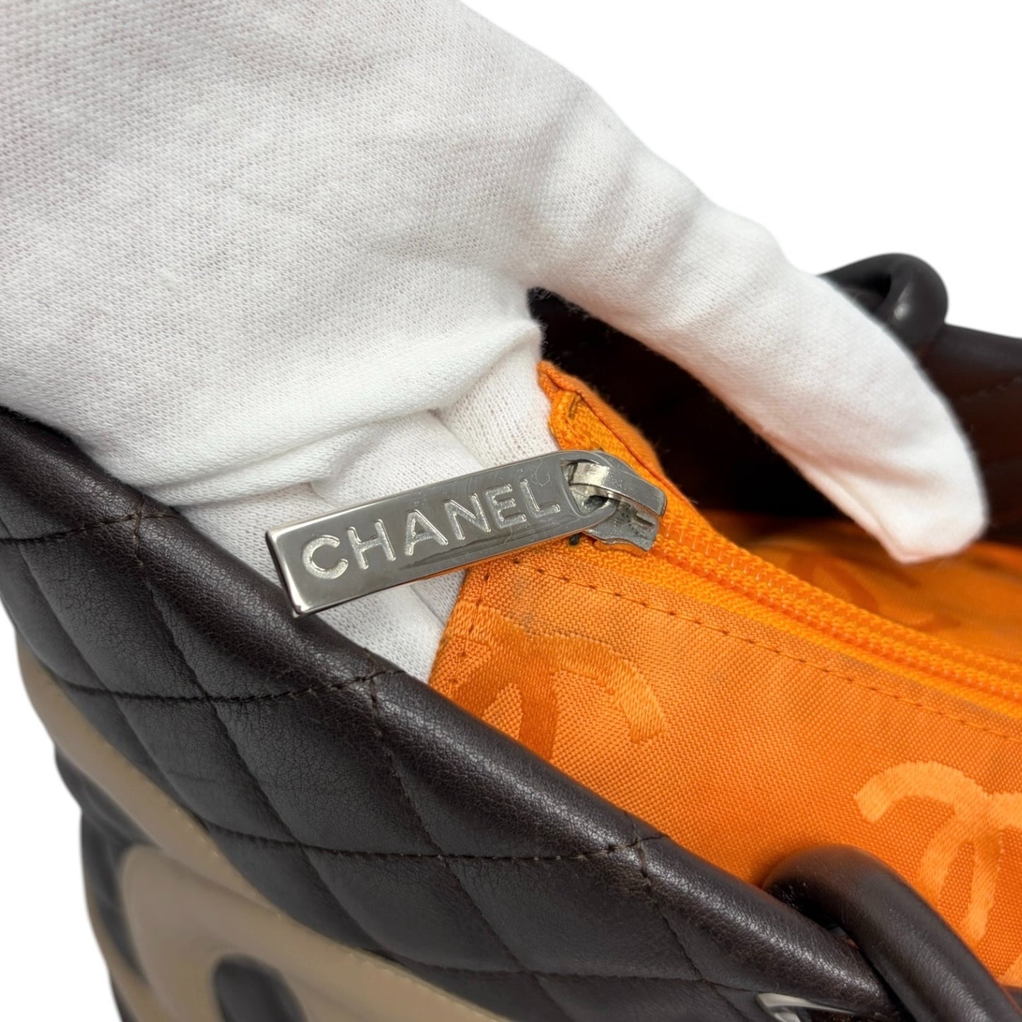 CHANEL Vintage Cambon Line CC Logo Quilted Tote Bag Brown Beige Leather