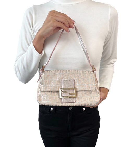 FENDI Vintage FF Zucchino MIni Mamma Baguette Shoulder Bag Pink Silver 902392