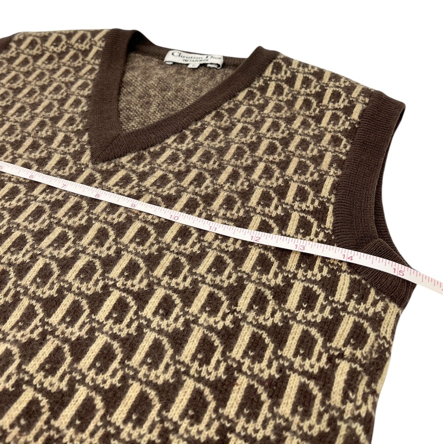 Christian Dior Vintage Trotter Monogram Logo Knit Vest V-neck Brown Beige Wool