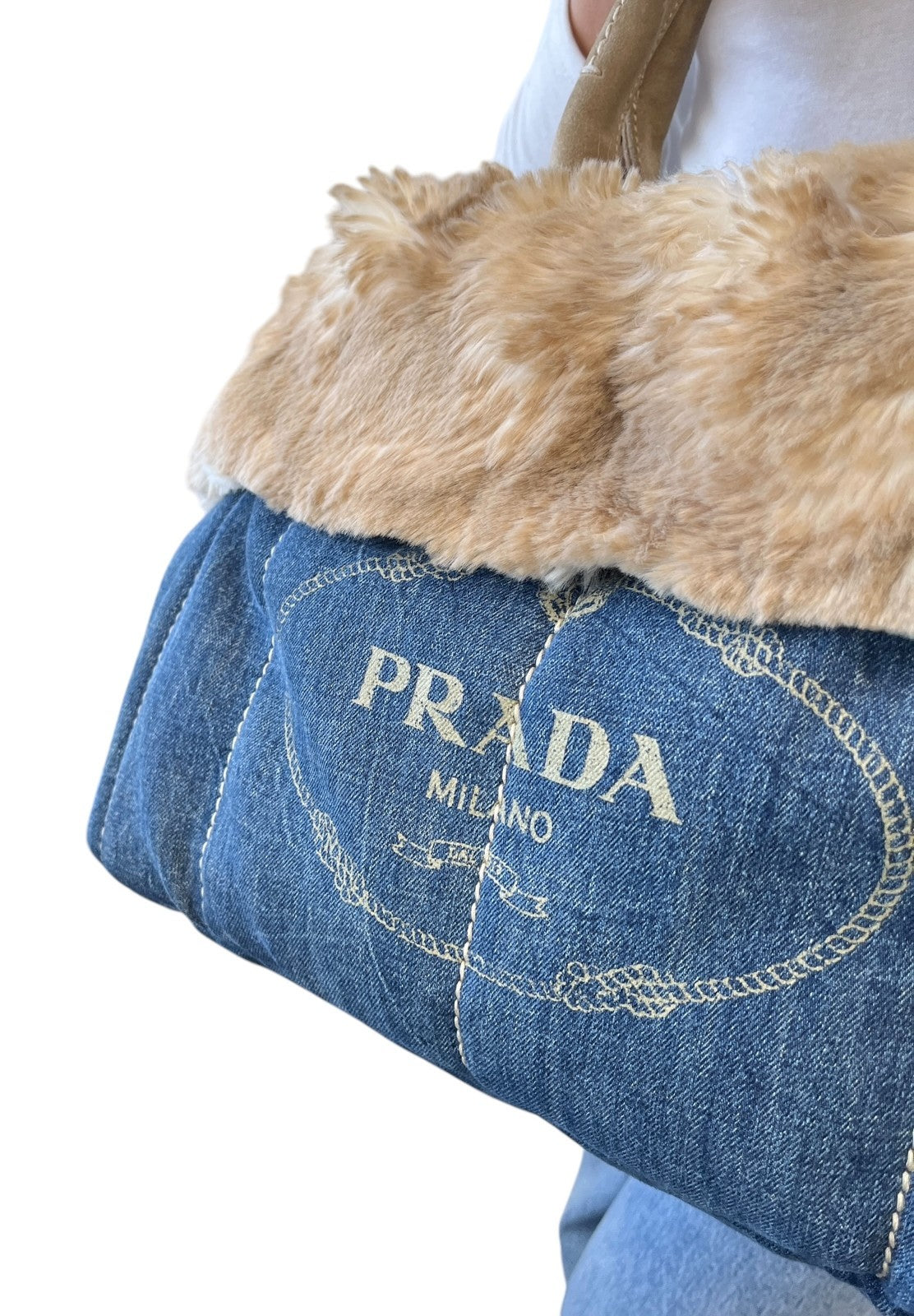 PRADA Vintage Canapa Big Logo Denim Tote Bag Blue Cream Suede Stitch