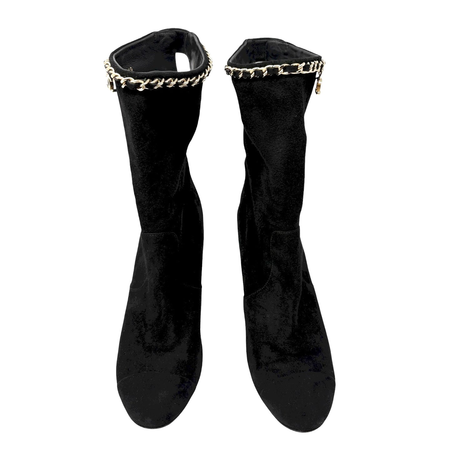 CHANEL Vintage CC Logo Charm Button Ankle Suede Boots Heels #39 Black Gold