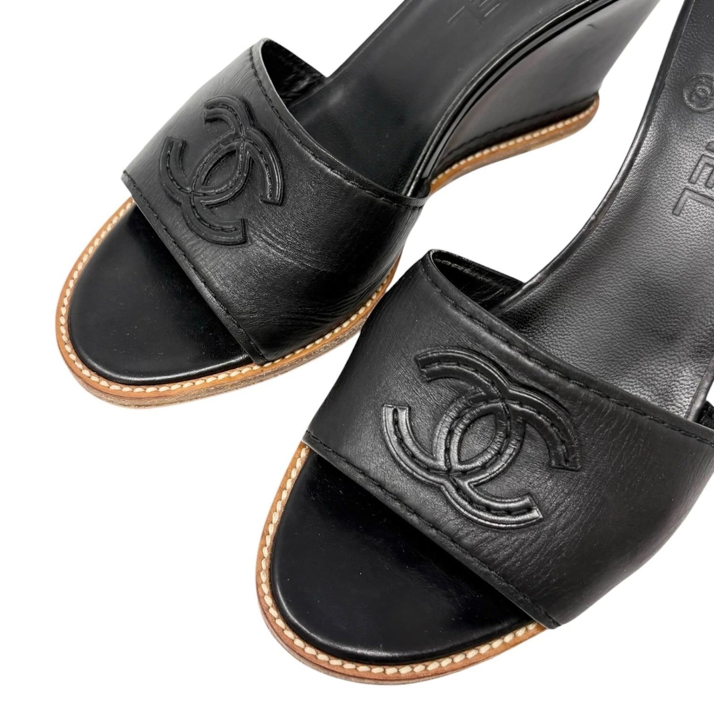 CHANEL Vintage CC Logo Slide Sandals Heels #36.5 Black Brown Leather 901943