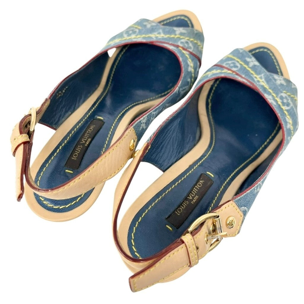 LOUIS VUITTON Vintage LV Logo Monogram Sandals #36.5-37 Blue Beige Denim Belt