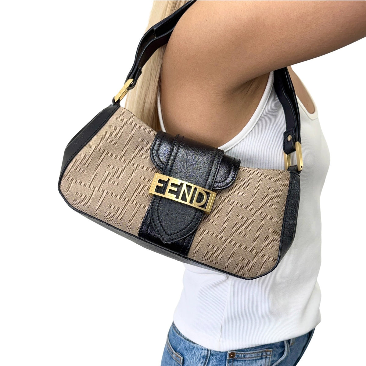 FENDI Vintage FF Logo Zucca Monogram Shoulder Bag Beige Black Canvas 902308