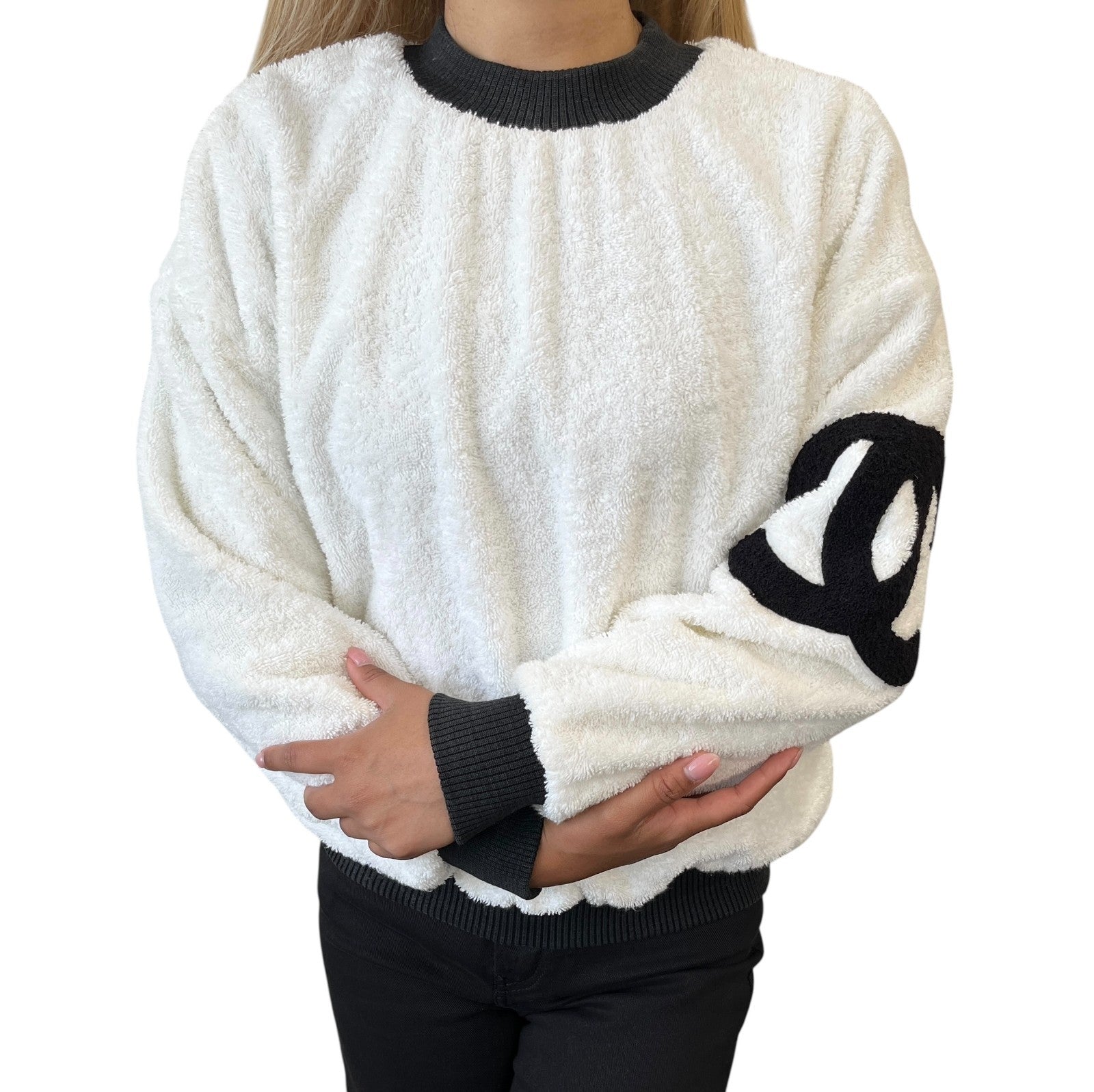 CHANEL Vintage CC Mark Logo Sweatshirt Terry Cloth White Black Cotton