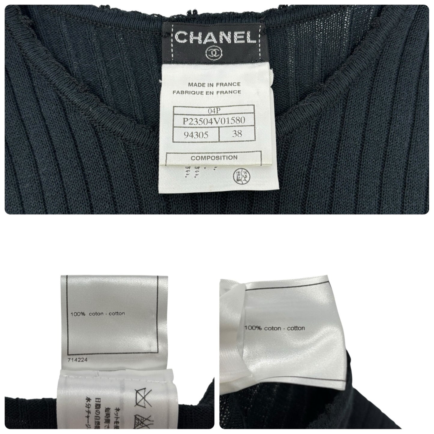 CHANEL Vintage 04P CC Logo Punching Knit Top T-shirt #38 Black Short Sleeve