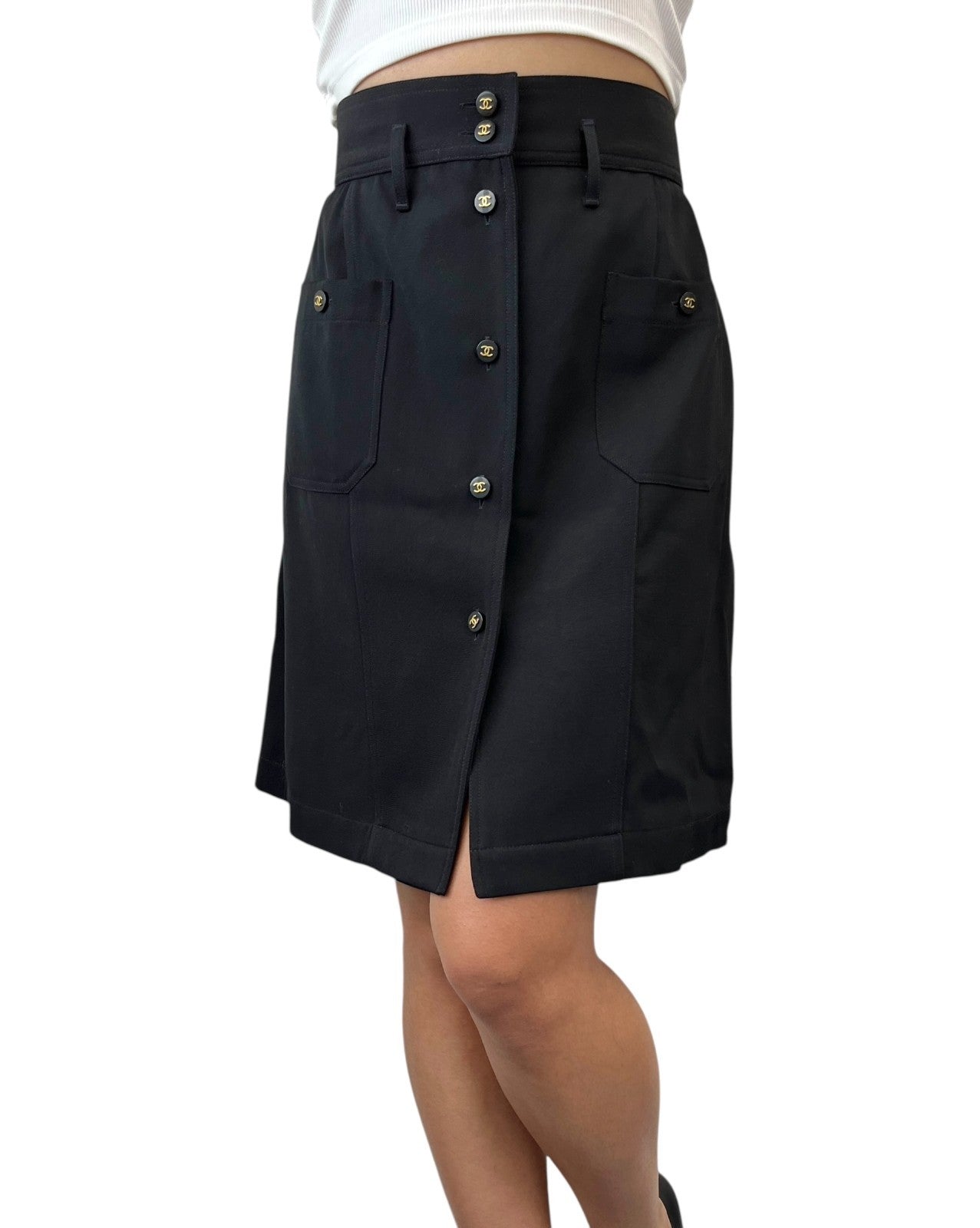 CHANEL Vintage CC Logo Button Knee Length Skirt #34 Black Gold Bottoms 902596