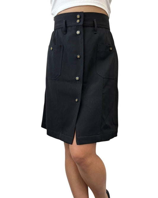 CHANEL Vintage CC Logo Button Knee Length Skirt #34 Black Gold Bottoms 902596