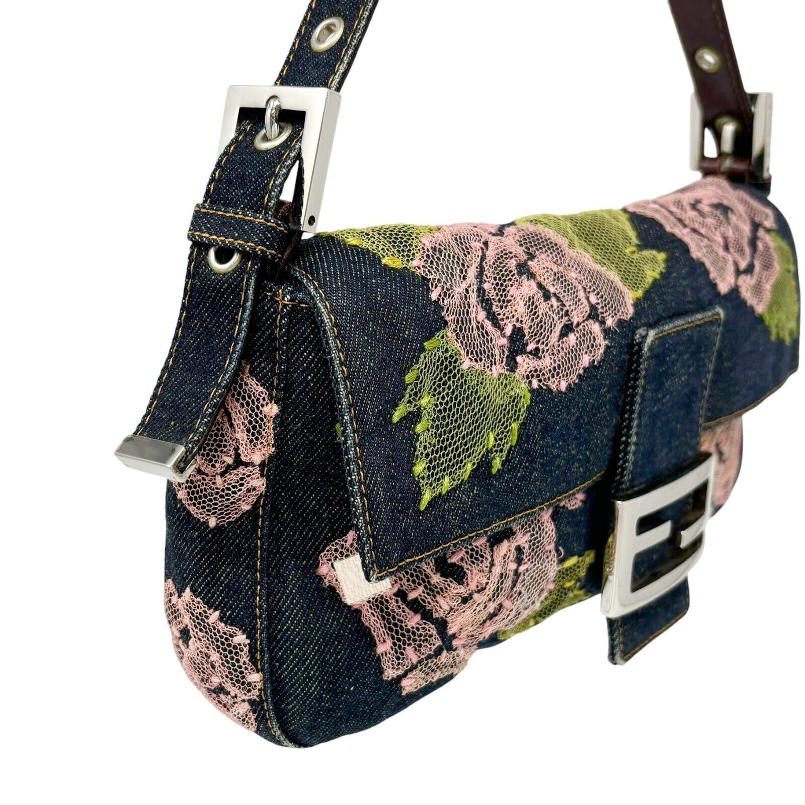 FENDI Vintage Denim Mamma Baguette Shoulder Bag Rose Mirror Pink Cotton Rank AB