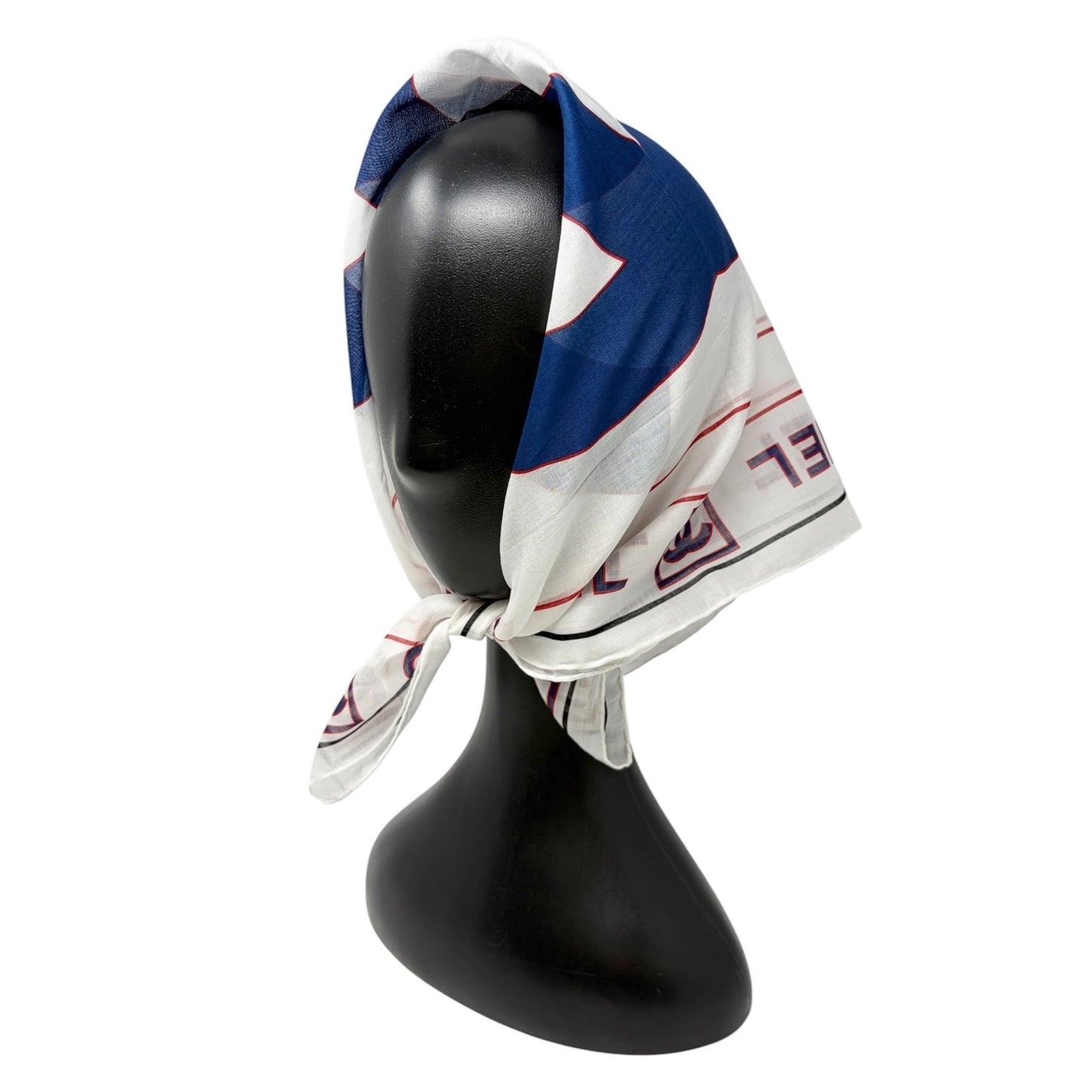 CHANEL Vintage Big CC Logo Scarf Wrap Headscarf White Blue Cotton 902009