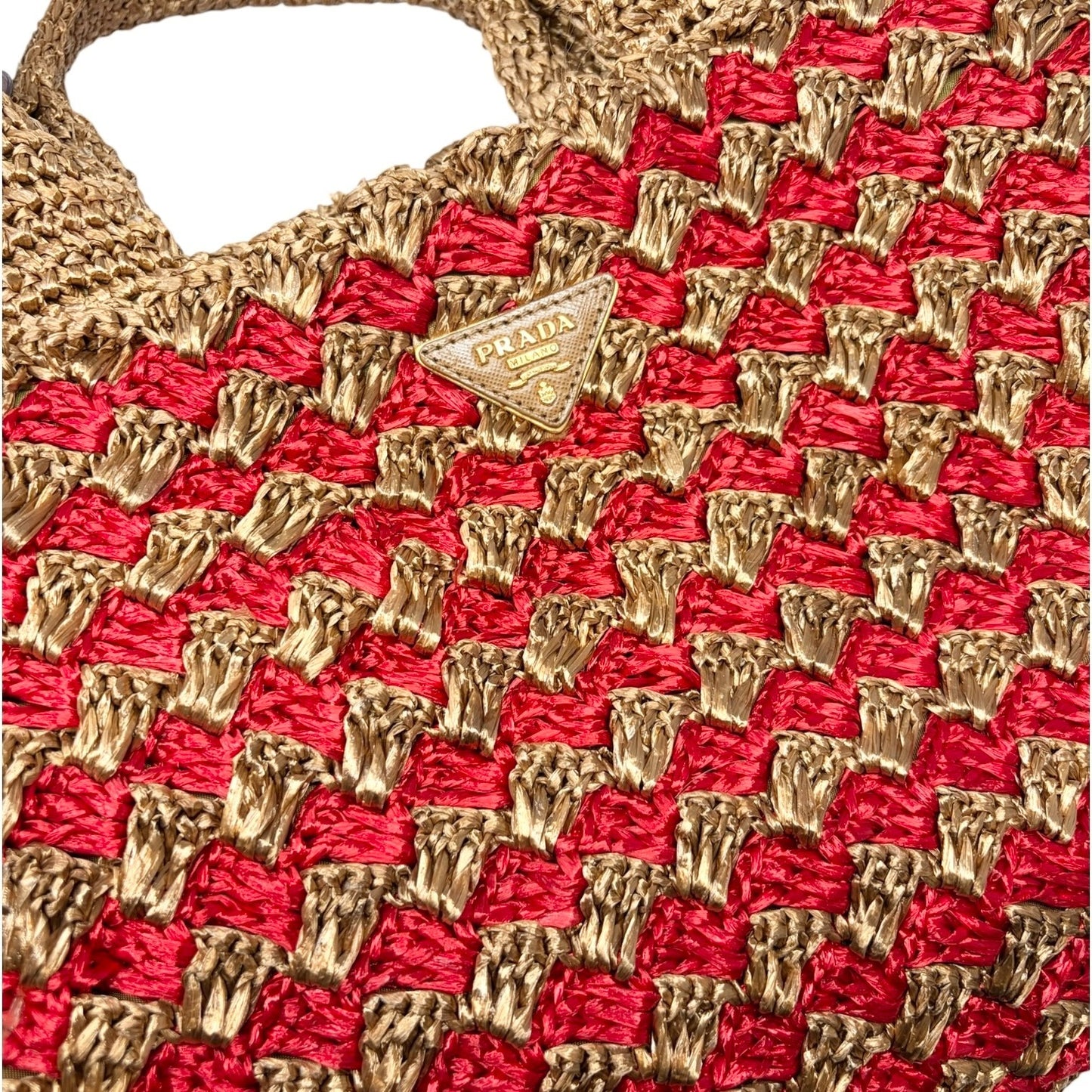 PRADA Vintage Triangle Logo Raffia Canapa Tote Bag Brown Red Crochet 902049
