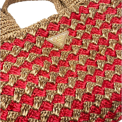 PRADA Vintage Triangle Logo Raffia Canapa Tote Bag Brown Red Crochet 902049