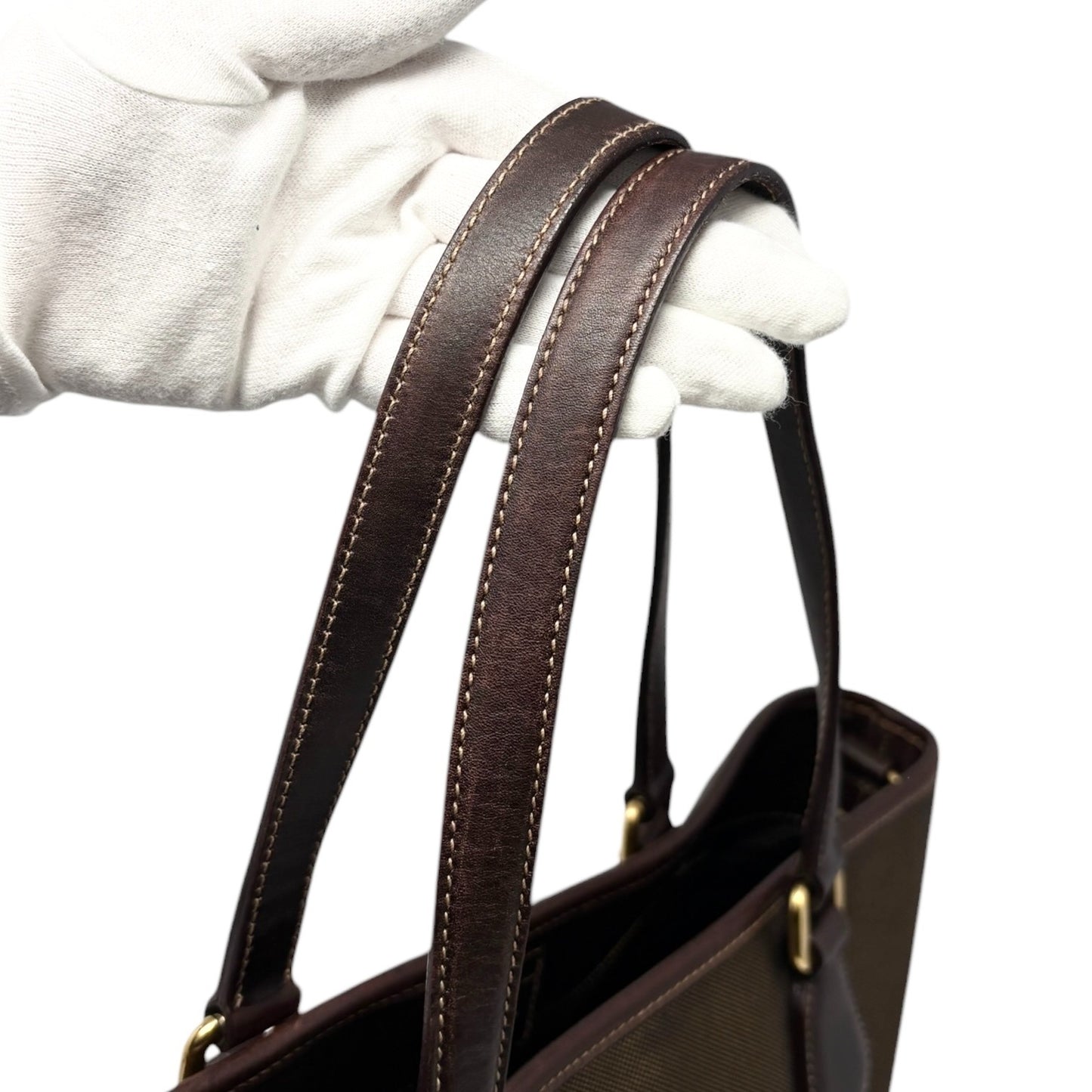 PRADA Vintage Triangle Logo Milano Jacquard Canvas Shoulder Tote Bag Brown Gold