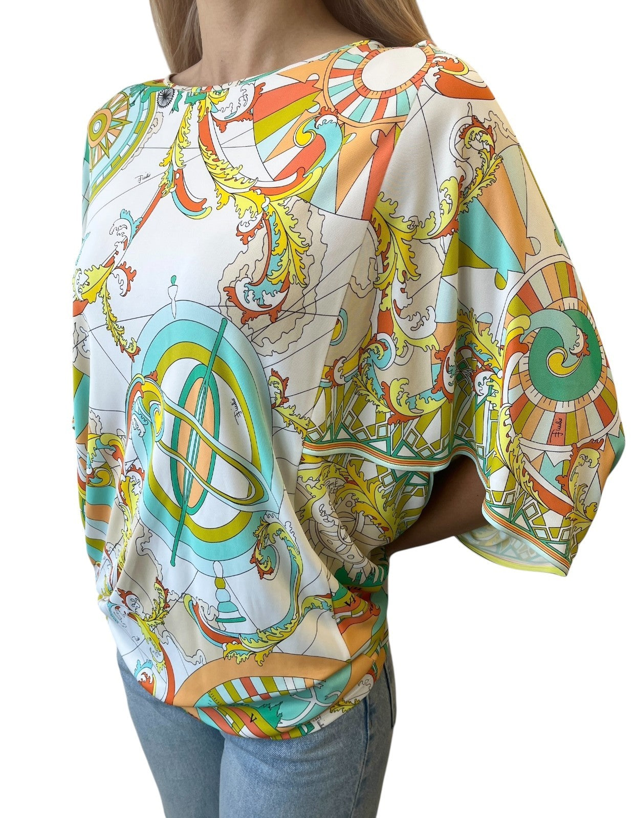 EMILIO PUCCI Logo Poncho Top #38 Button Multicolor Rayon Short Sleeve Pullover