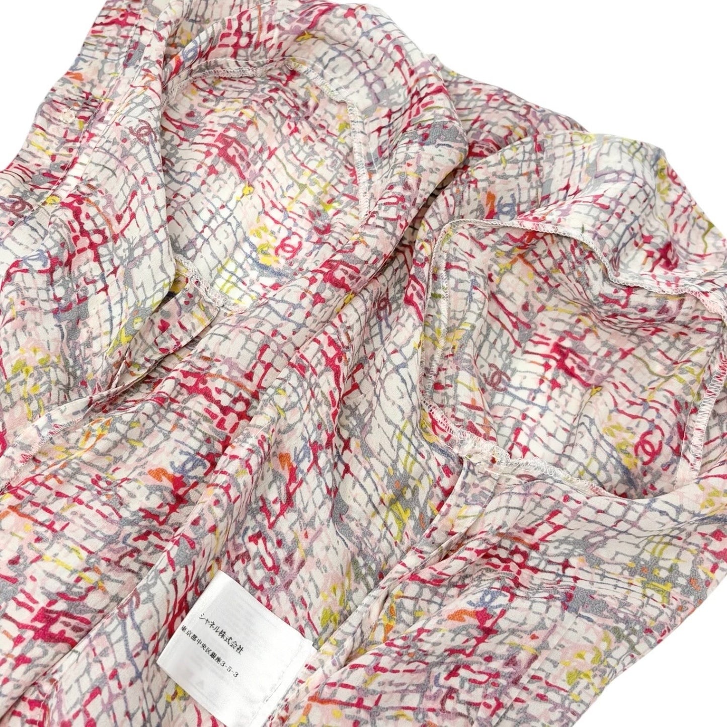 CHANEL Vintage 05C CC Tweed Print Shirt Blouse Top #34 Multicolor Silk 901994
