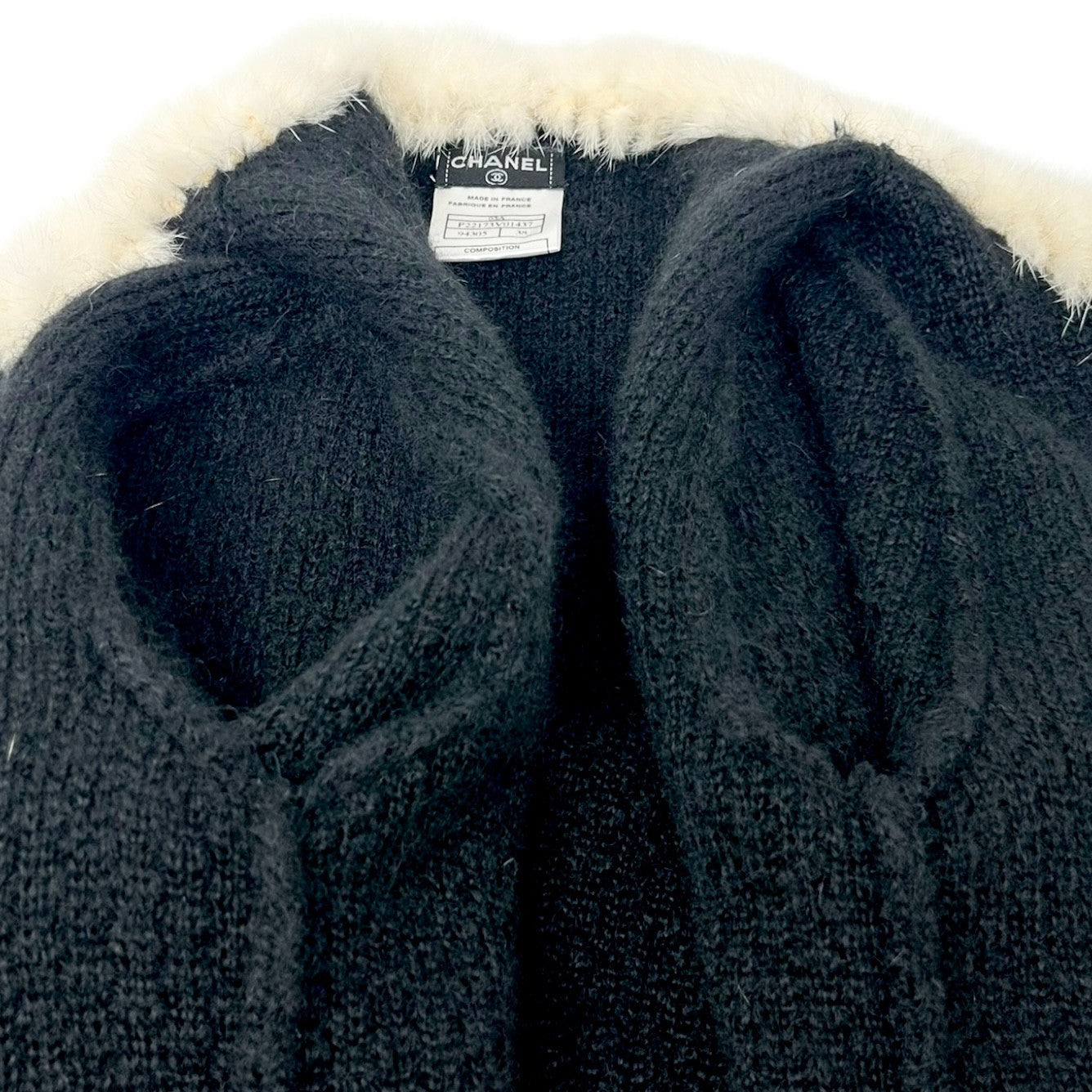 CHANEL Vintage 03A CC Logo Mohair Knit Fur Jacket Pocket Button #38 Black Cream