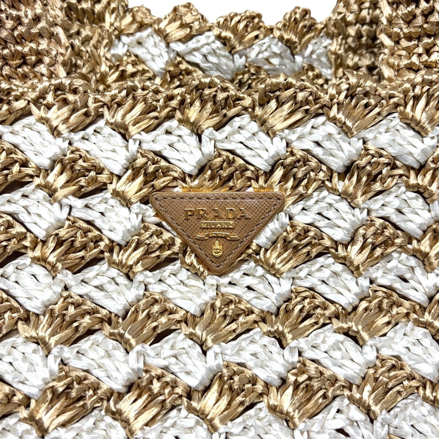 PRADA Vintage Triangle Logo Raffia Canapa Tote Bag Beige White Crochet