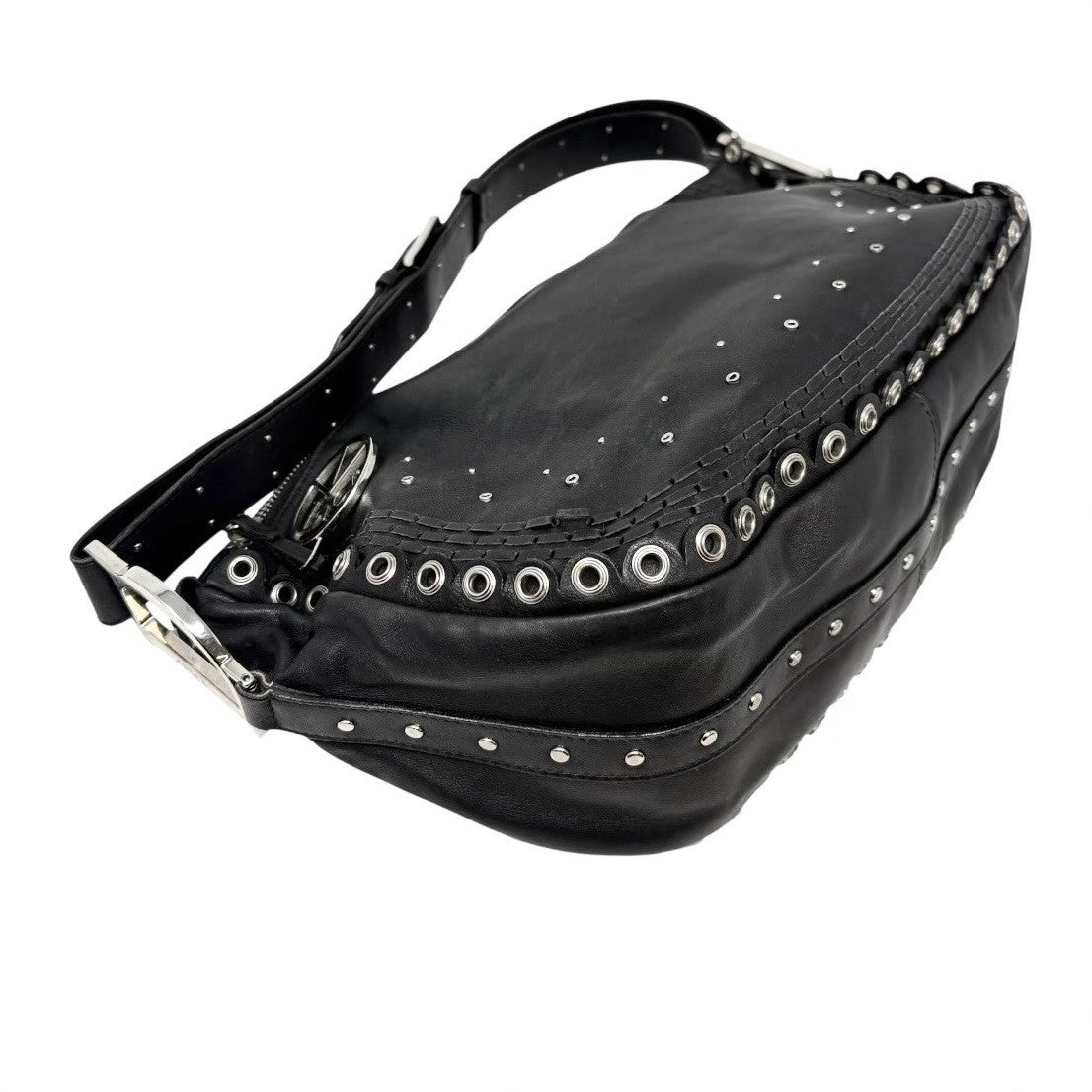 Christian Dior Vintage Peace and Love Leather Hobo Bag Black Silver Studs