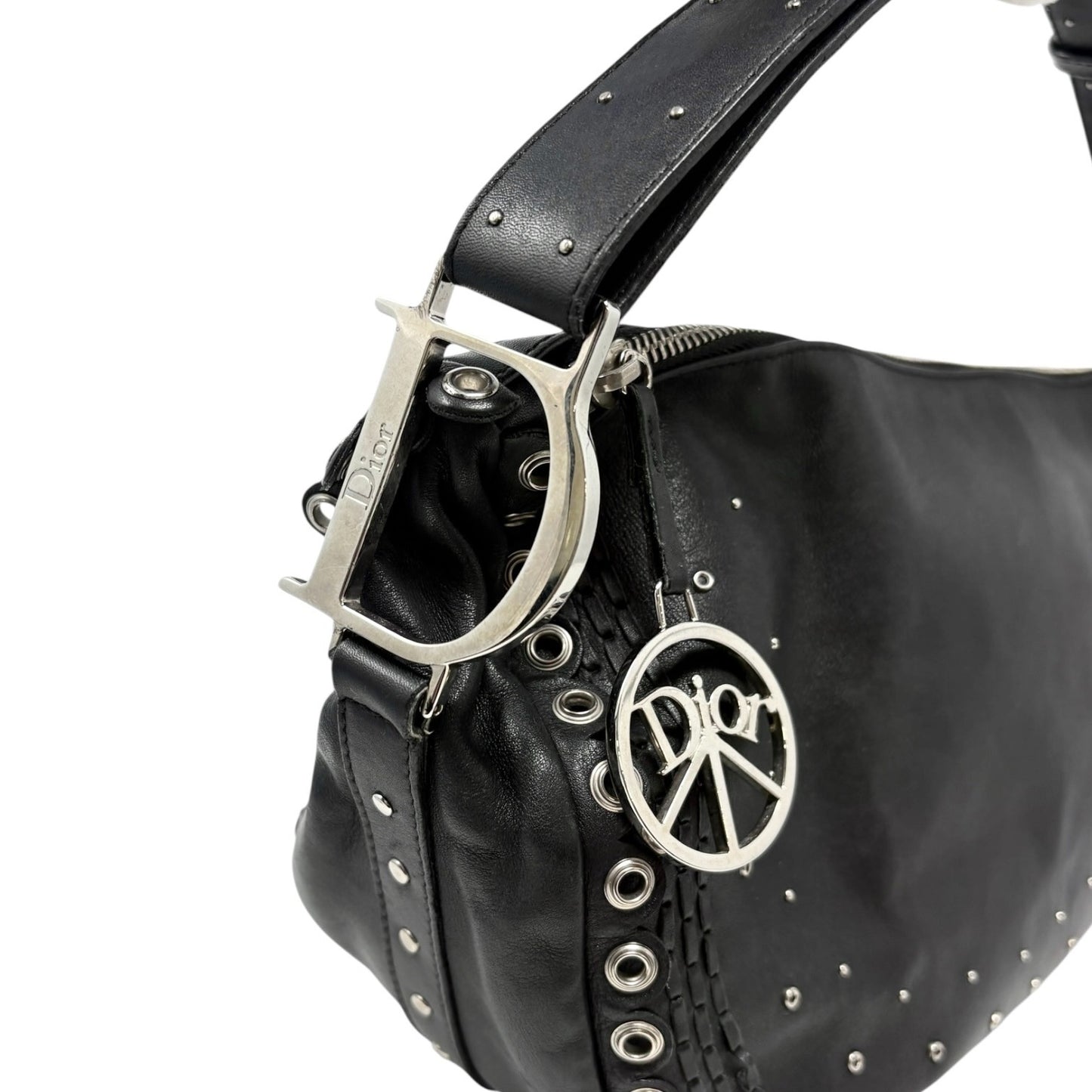 Christian Dior Vintage Peace and Love Leather Hobo Bag Black Silver Studs