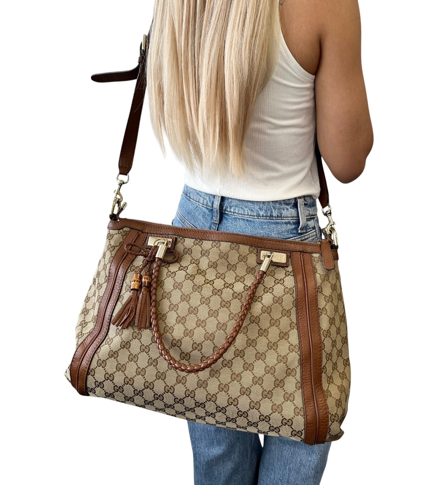 GUCCI Vintage GG Logo Monogram Fringe Shoulder Bag Brown Canvas Leather 902205