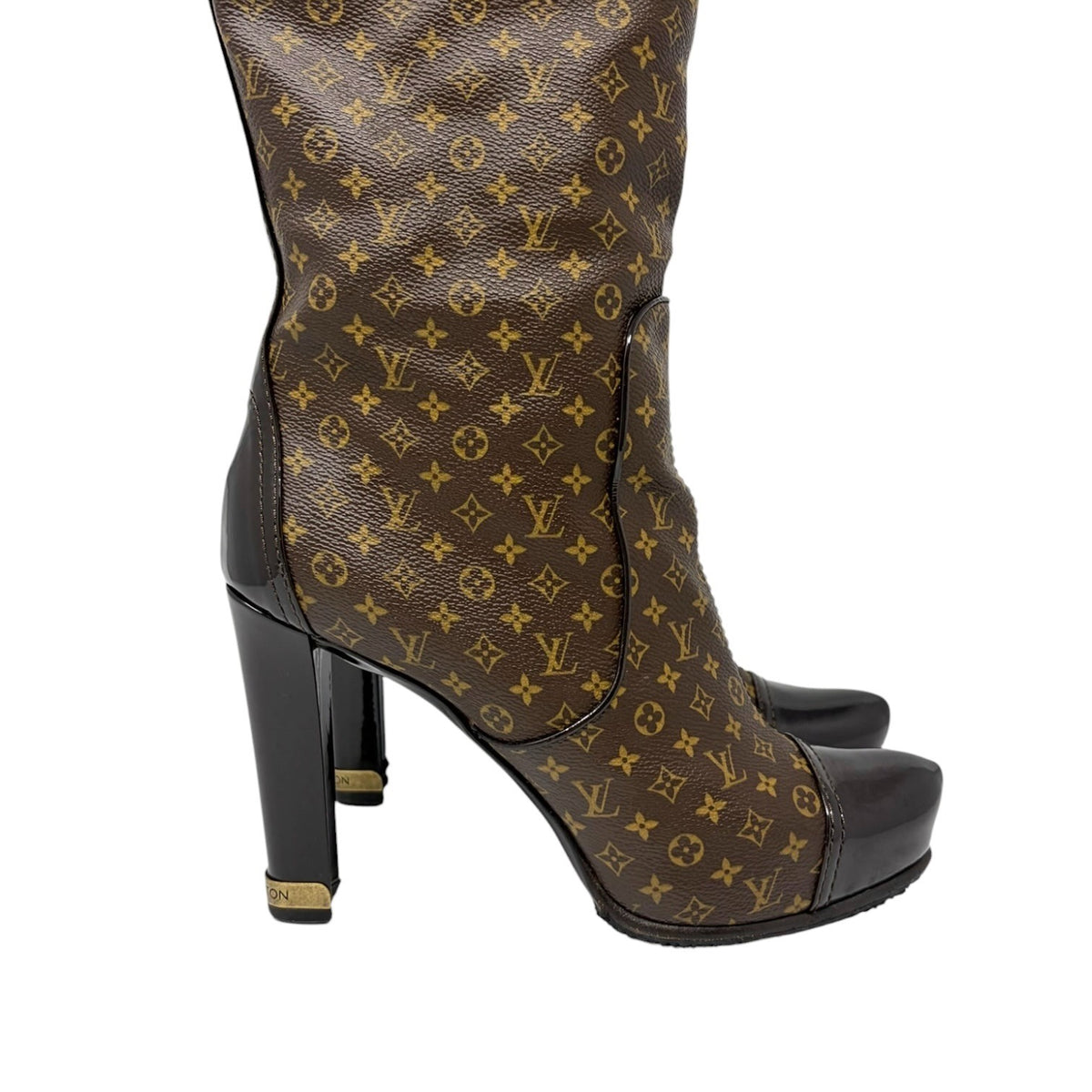 LOUIS VUITTON Vintage LV Monogram Long Boots #37-37.5 Heels Brown Black 902463