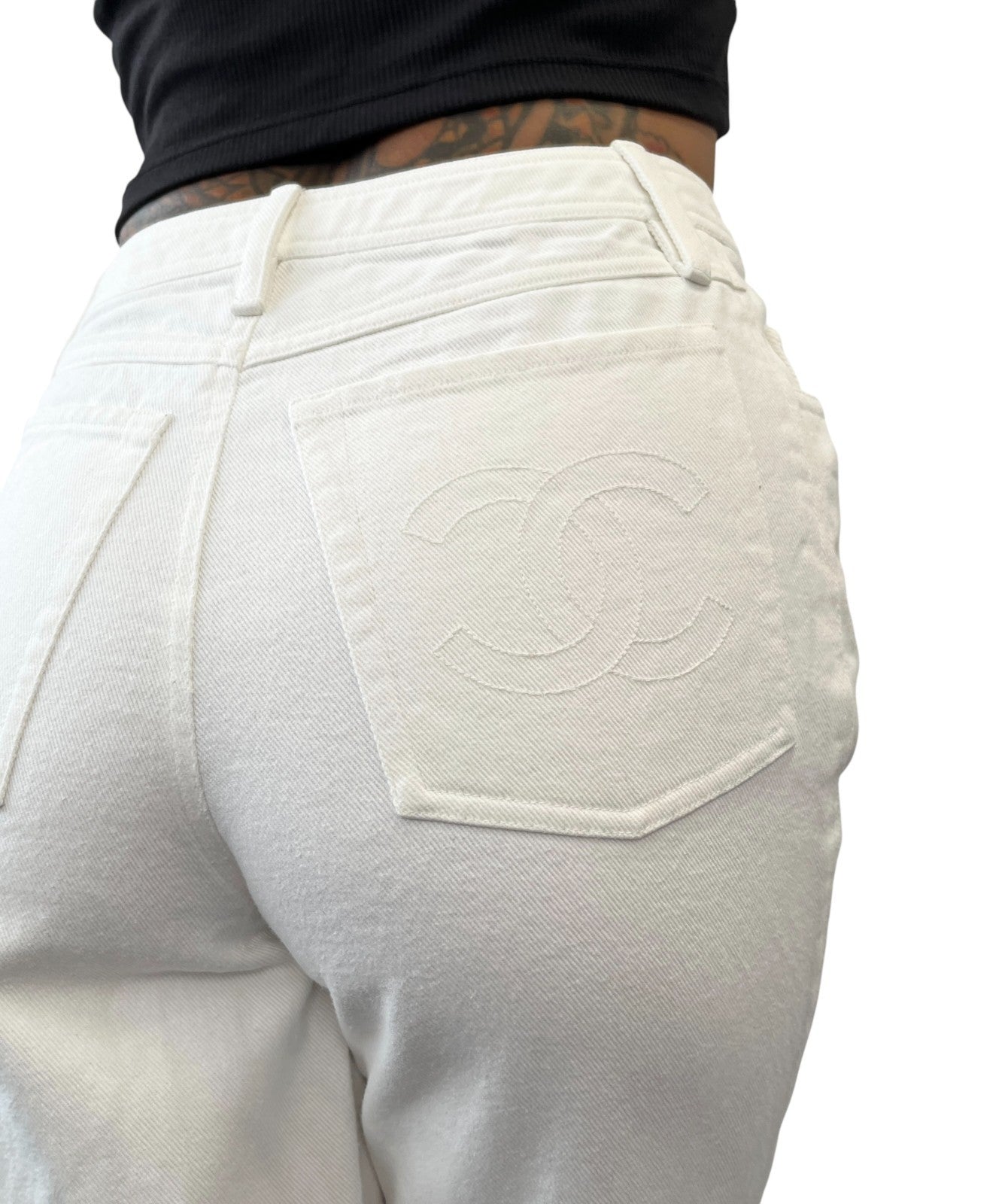 CHANEL Vintage 97C CC Logo Denim Pants #38 White Silver Cotton Stitch Pocket