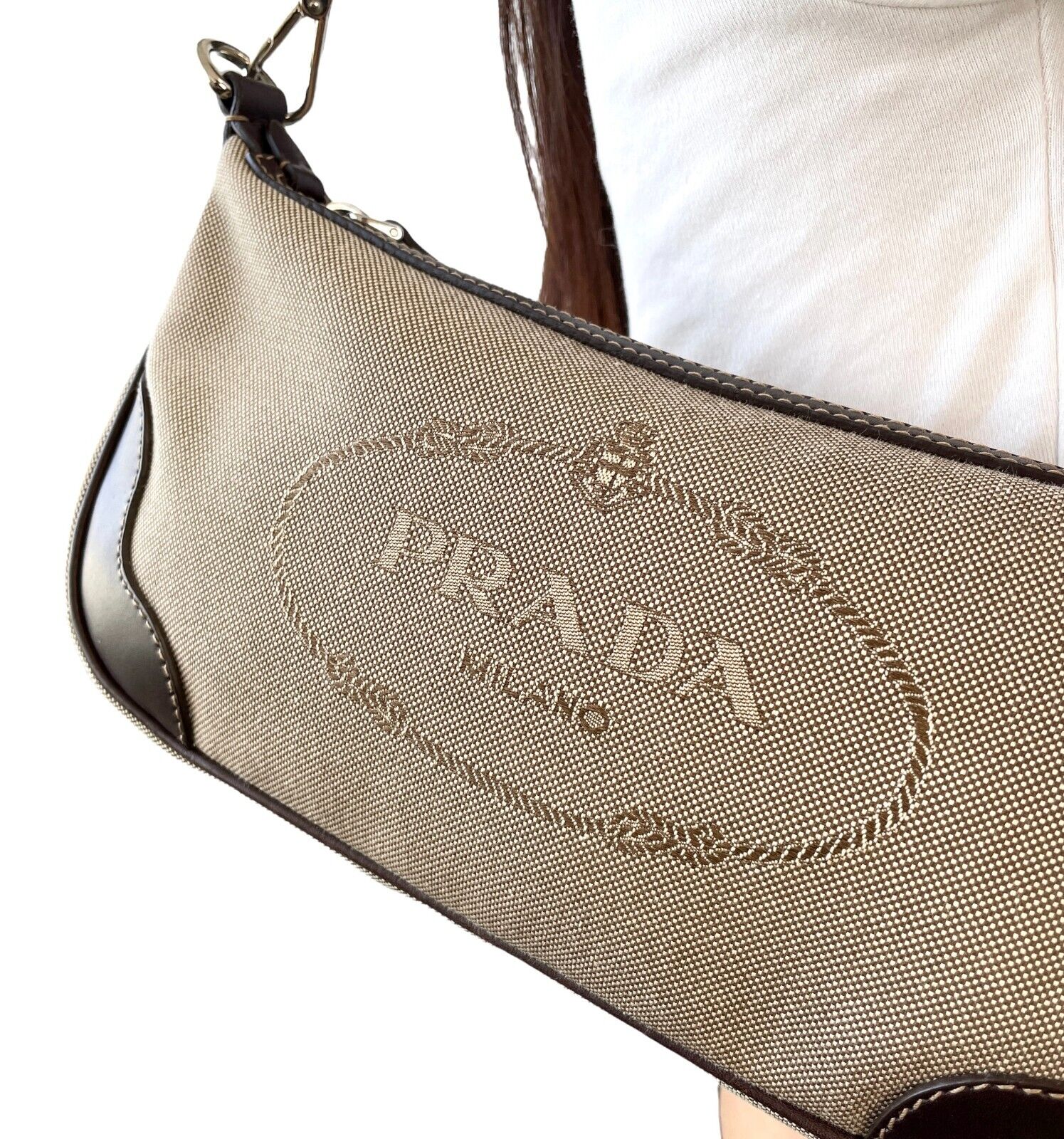 PRADA Vintage Logo Jacquard Pochette Shoulder Bag Beige Brown Cotton Zip