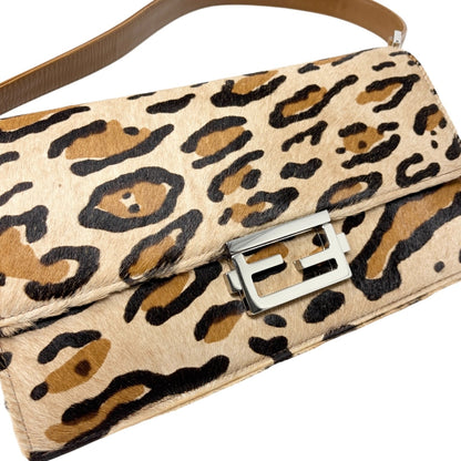 FENDI Vintage Mamma Baguette Leopard Shoulder Bag Brown Pony Calf Hair 902353