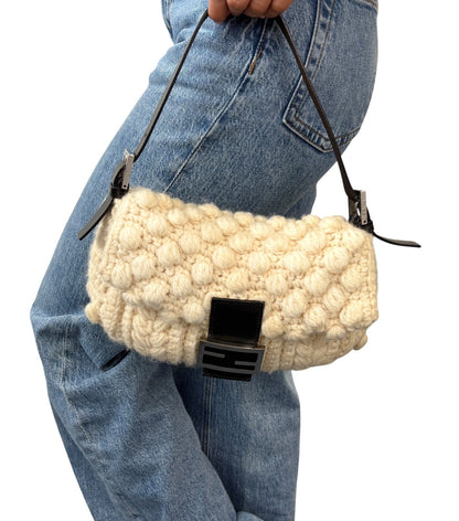 FENDI Vintage FF Logo Wool Knit Mamma Baguette Shoulder Bag Cream Brown 902054
