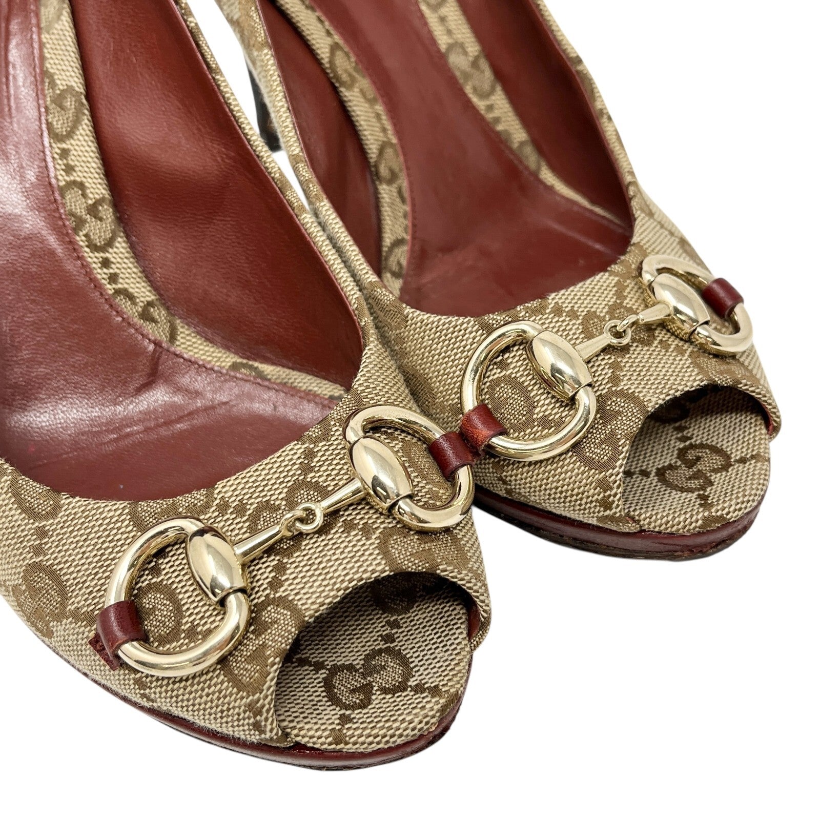 GUCCI Vintage GG Monogram Logo Sandals Heels #36.5 Beige Red Canvas Leather