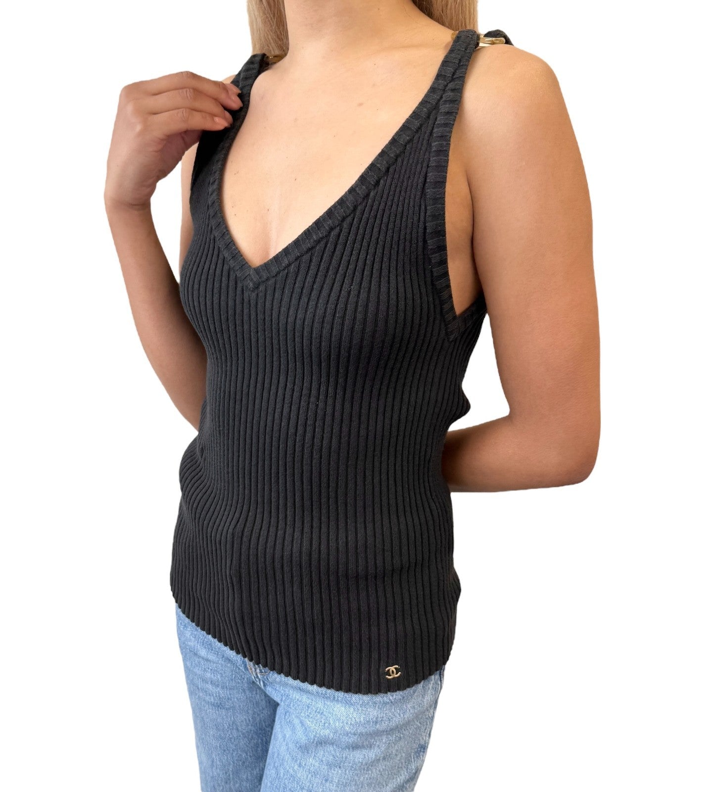 CHANEL Vintage 01C CC Mark Logo V-Neck knit Tank Top #40 Black Gold Cotton