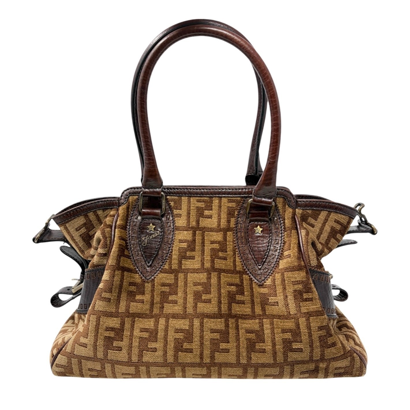 FENDI Vintage FF Logo Zucca Etniko Shoulder Bag Brown Gold Velour Leather