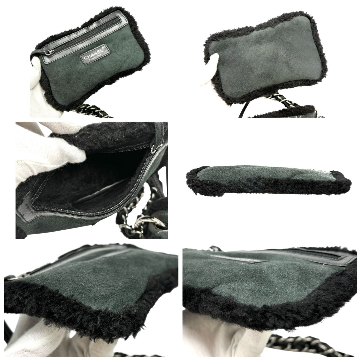 CHANEL Vintage Shearling Fur Shoulder Bag Pouch Mouton Black Chain CC Suede