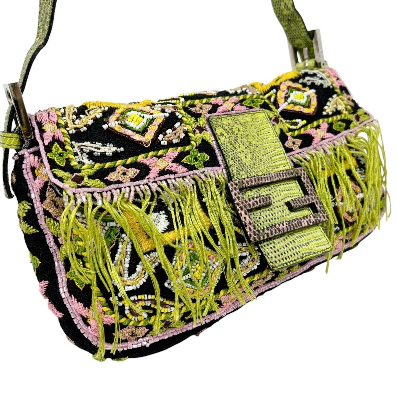 FENDI Vintage Beads Mamma Baguette Shoulder Bag Light Green Pink Wool Rank AB