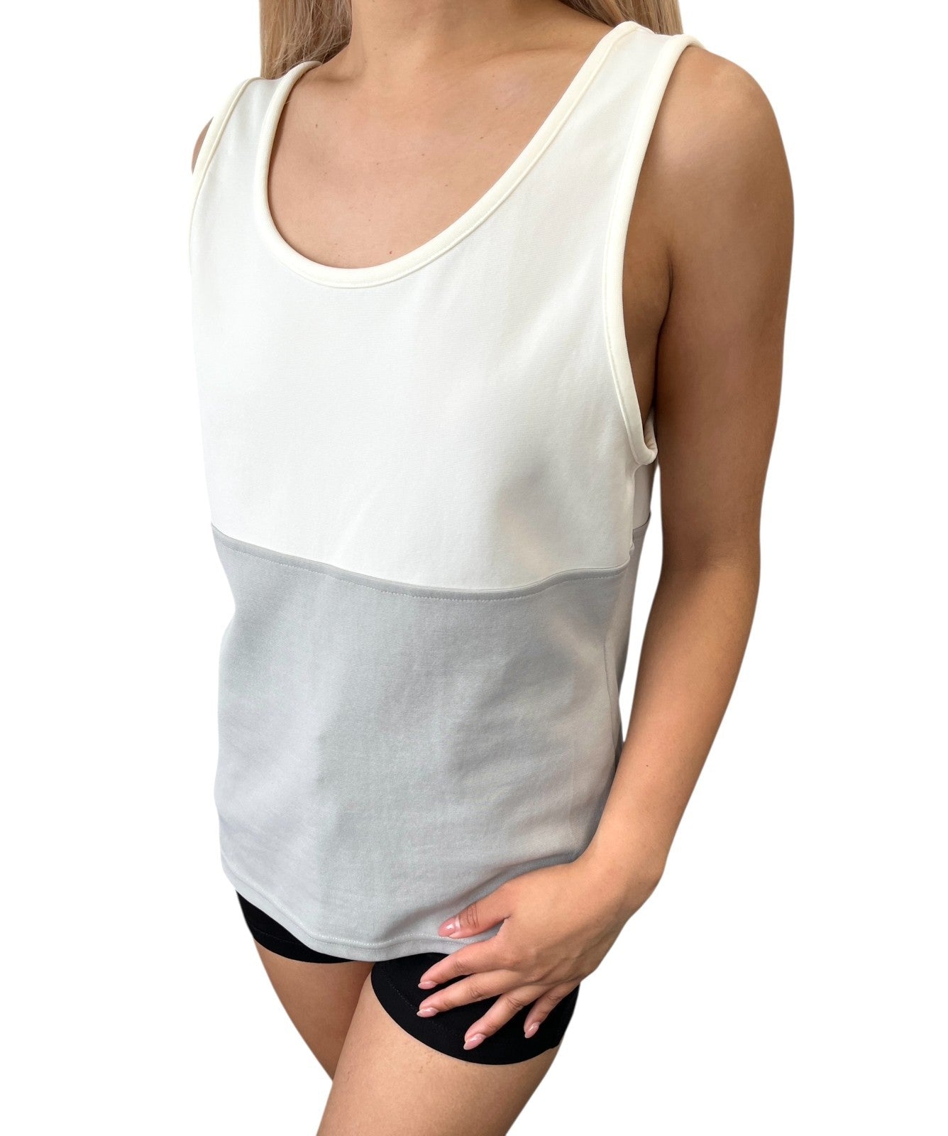 CHANEL Sport Vintage 01P Big CC Logo Tank Top #42 Gray White Nylon 106915