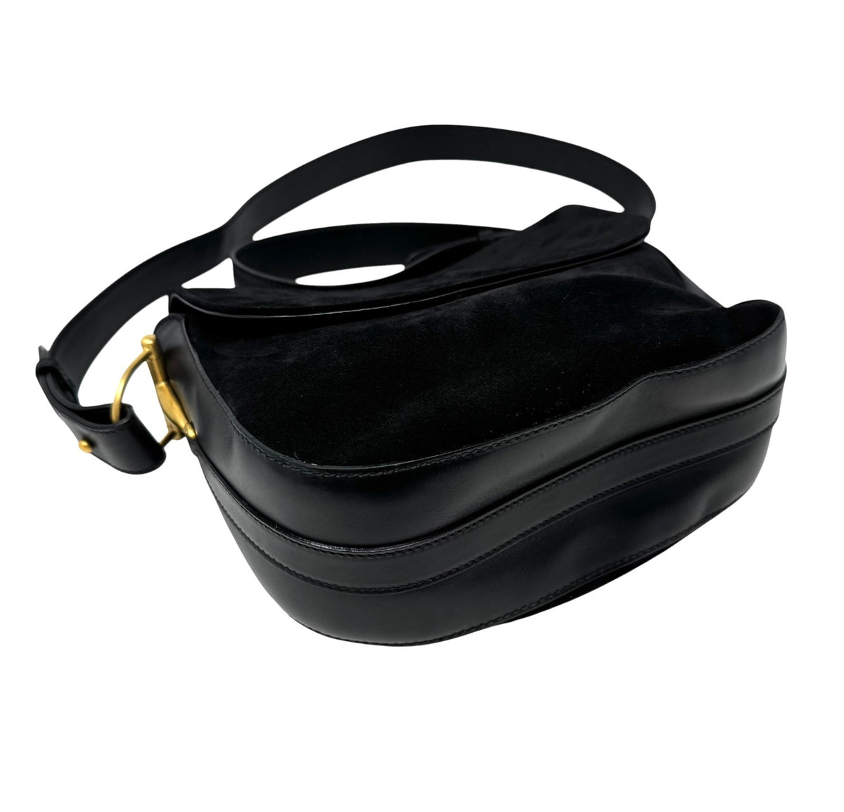 GUCCI Vintage Horsebit Crossbody Shoulder Bag Black Gold Suede Leather 902330