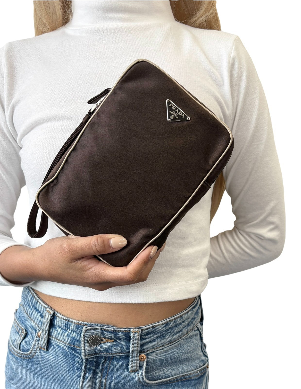 PRADA Vintage Triangle Logo Satin Wristlet Clutch Bag Brown Beige Pouch