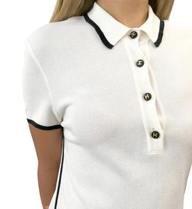 CHANEL Vintage 96C CC Logo Button Up Dress #38 Polo White Black Gold Cotton