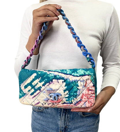 CHANEL Vintage CC Quilted Watercolor Flap Chain Shoulder Bag Blue Canvas 902907