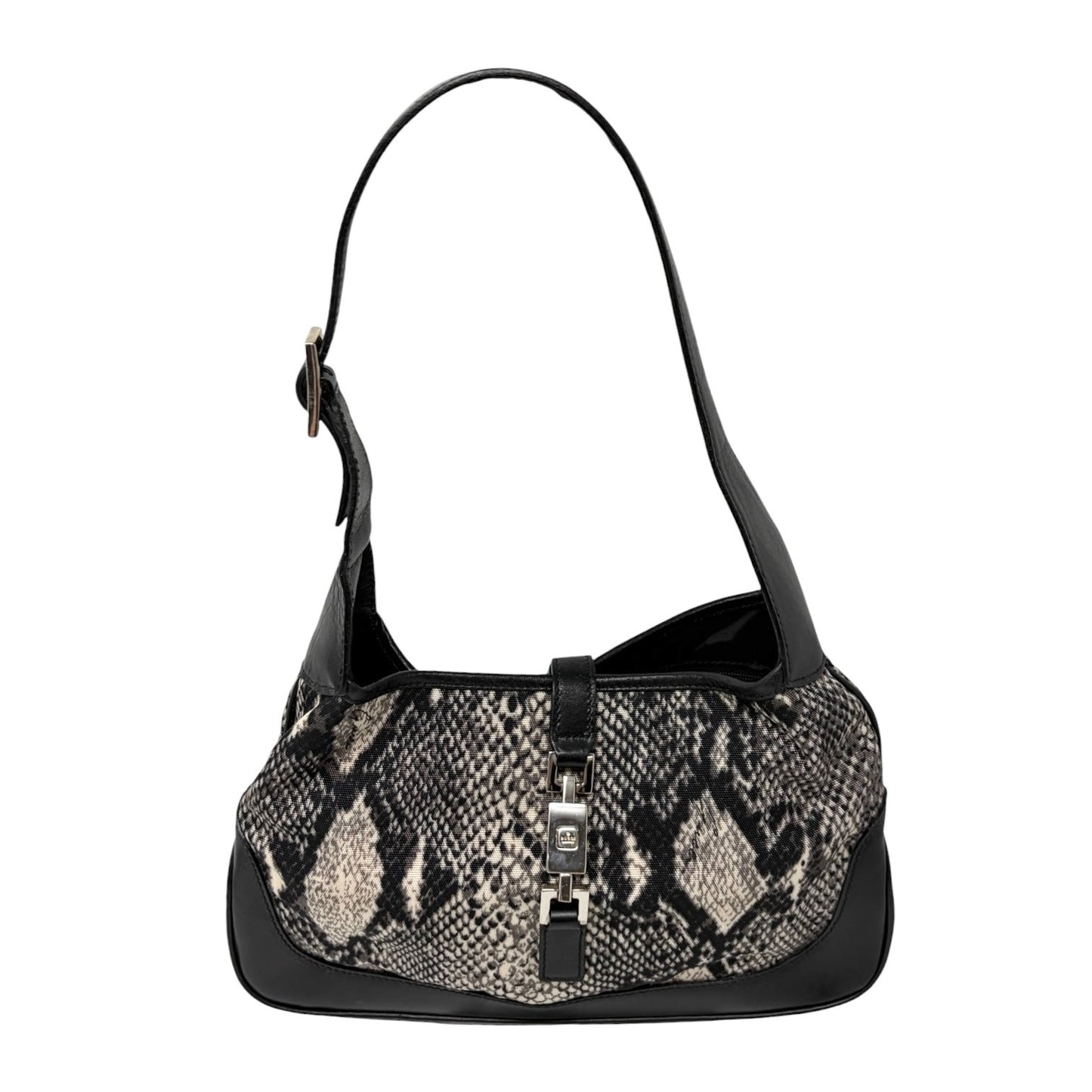 GUCCI Vintage Logo Jackie Snake Print Shoulder Bag Black White Nylon 902411