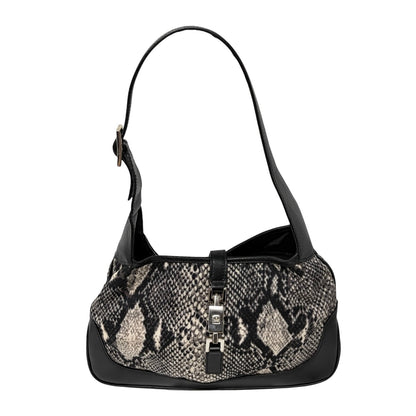 GUCCI Vintage Logo Jackie Snake Print Shoulder Bag Black White Nylon 902411