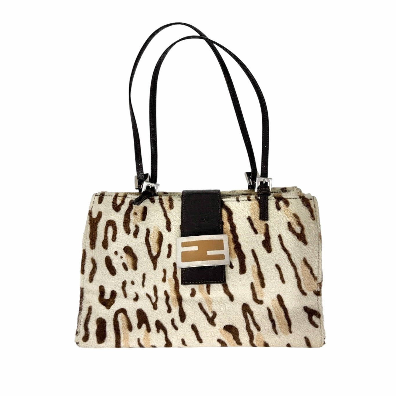 FENDI Vintage FF Logo Leopard Mamma Baguette Shoulder Bag Cream Brown Calf Hair