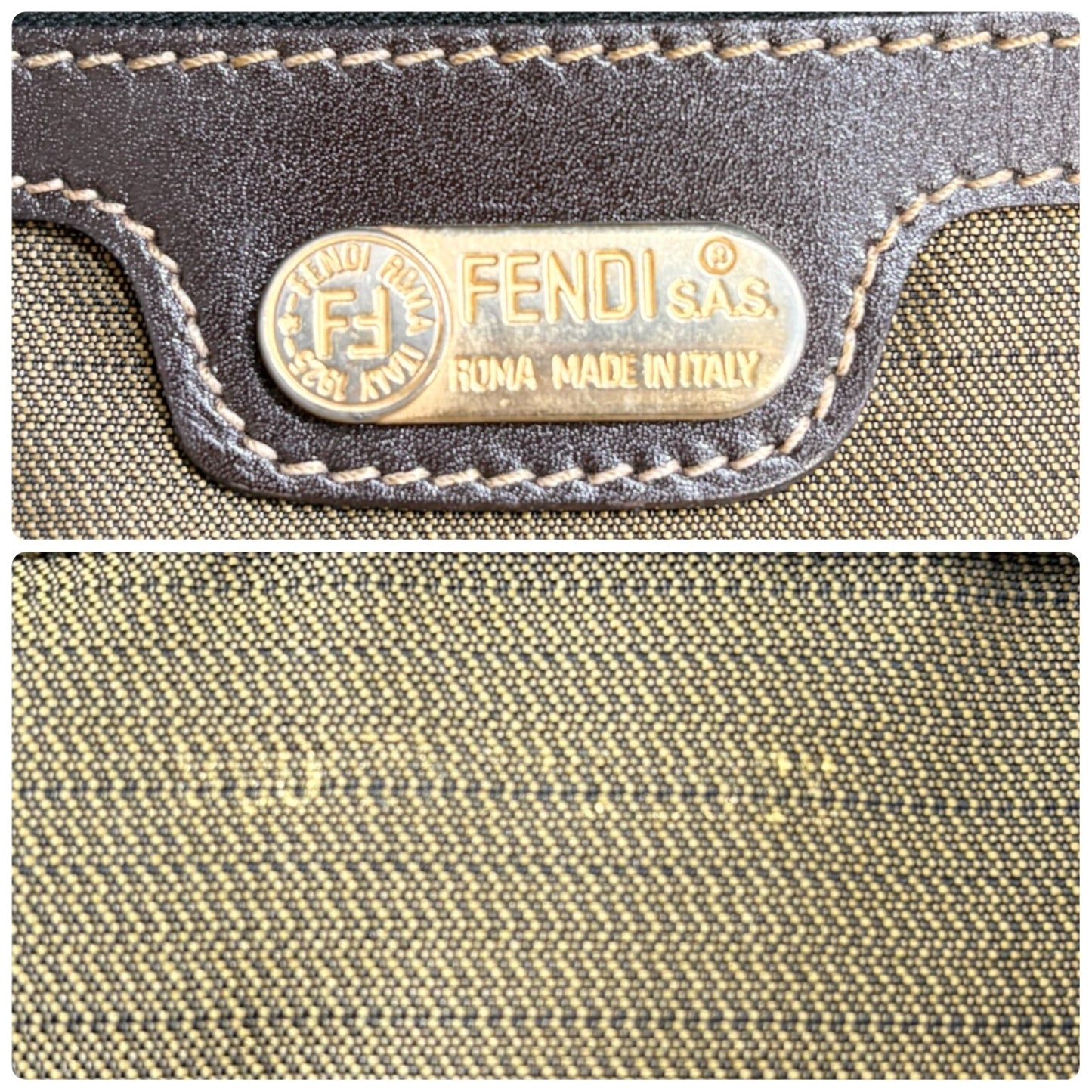 Fendi Vintage Zucca Canvas Tote Bag FF Logo Monogram Brown Gold Leather