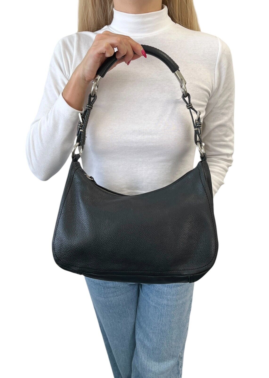 PRADA Vintage Logo Shoulder Bag Handbag Zip Stitch Black Silver Leather