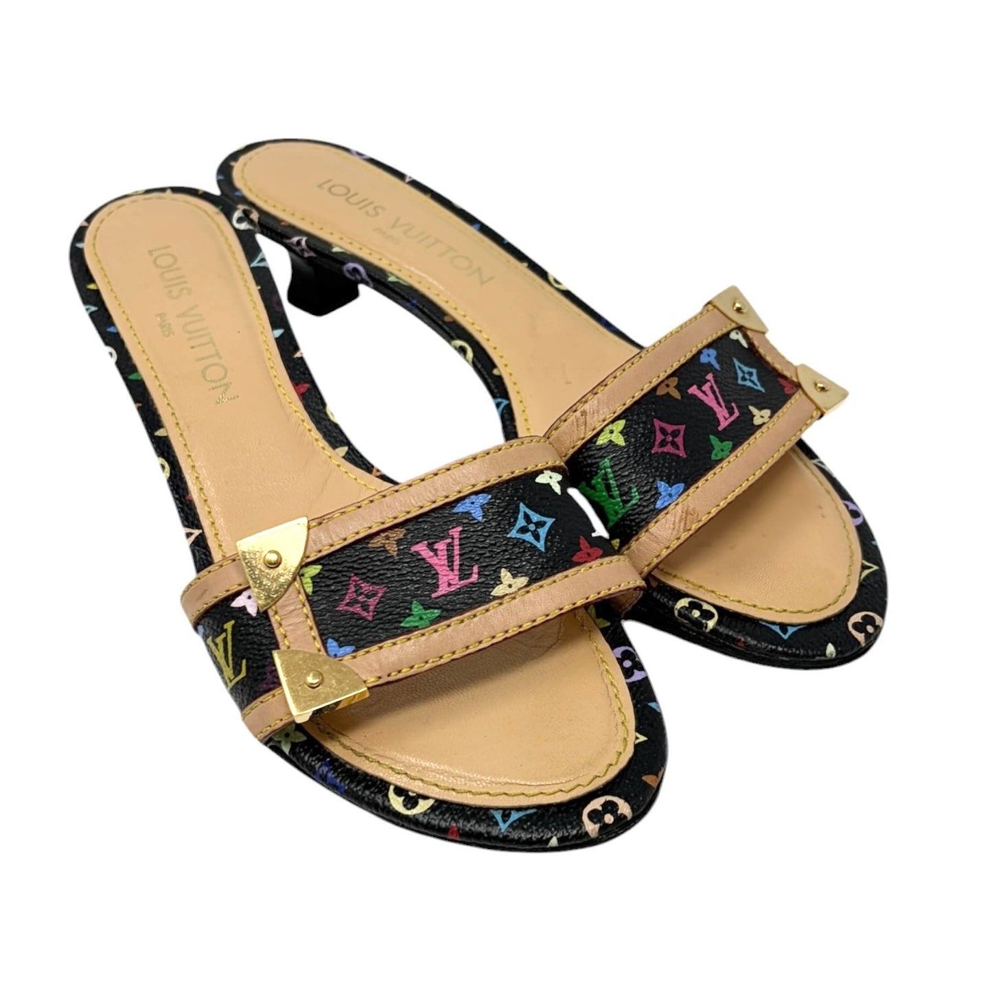 LOUIS VUITTON Vintage Monogram Multicolor Sandals Heels #37.5 Black Beige