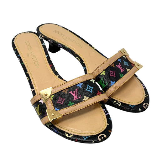 LOUIS VUITTON Vintage Monogram Multicolor Sandals Heels #37.5 Black Beige