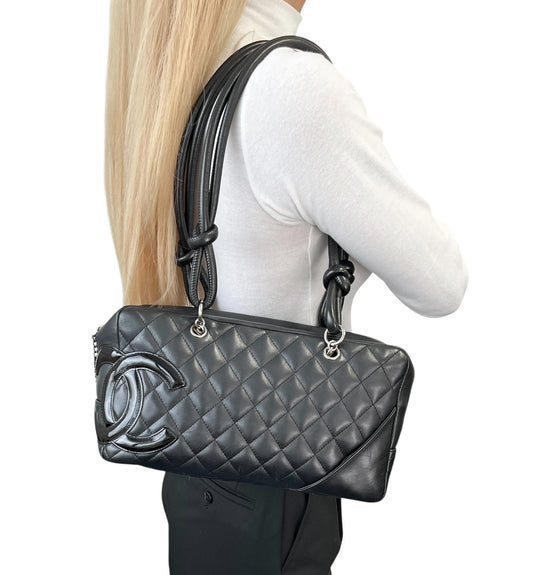 CHANEL Vintage CC Logo Cambon Line Shoulder Bag Black Silver Leather 902033