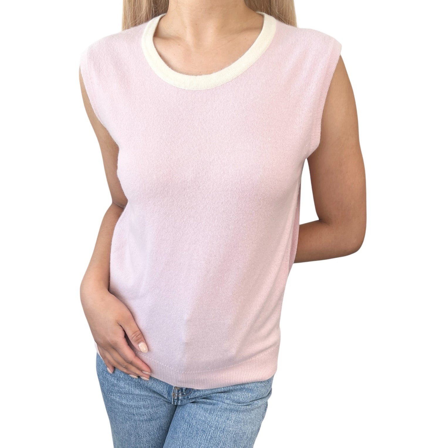 CHANEL Vintage 96C CC Logo Button Cashmere Knit Tank Top #38 Pink Cream